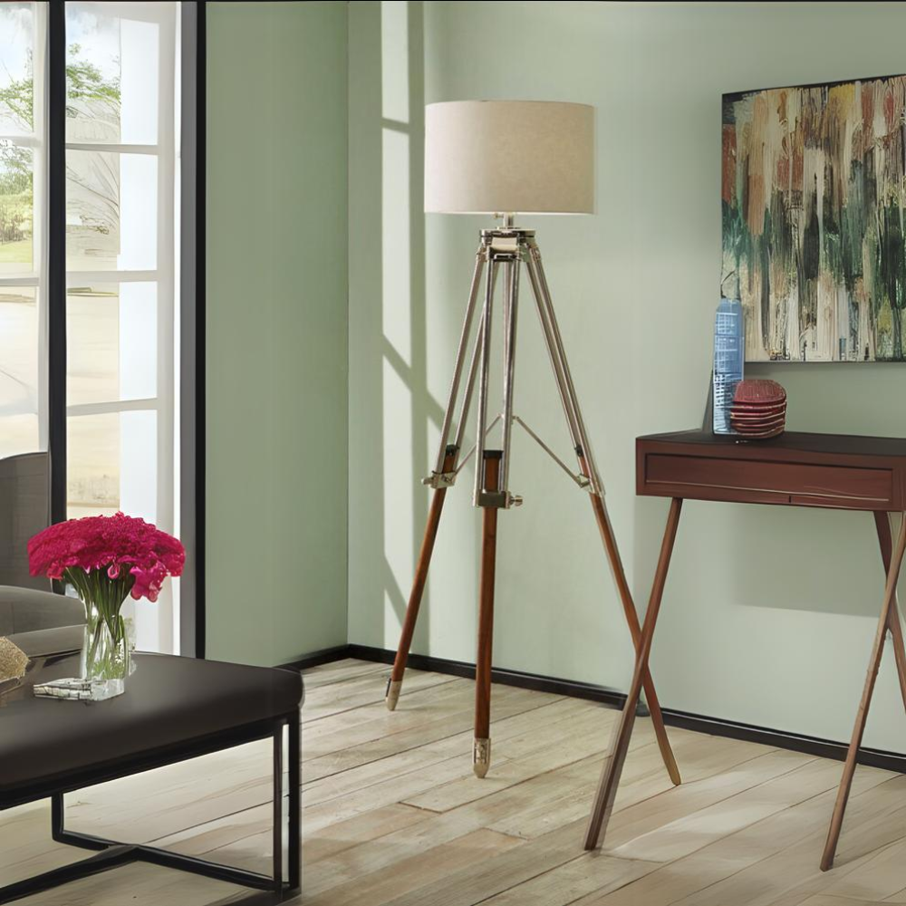 Vintage Tripod Floor Lamp – Wood & Nickel Finish  