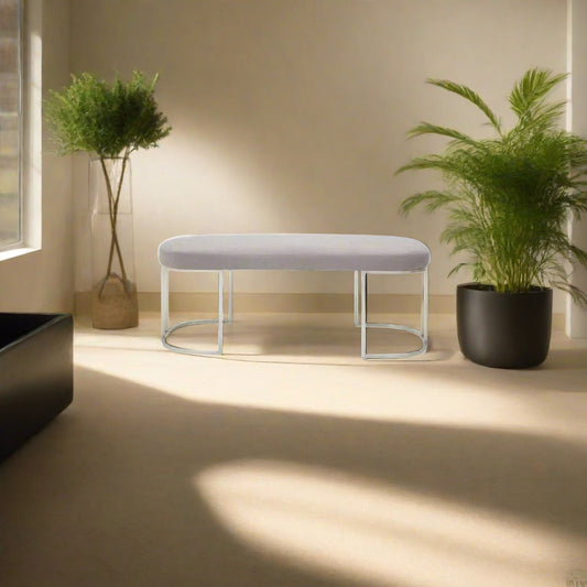 Burton Indoor Bench, Grey Fabric, Silver Curved Metal Frame