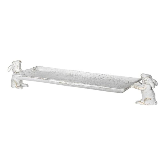 Vintage White Aluminium Serving Tray – Rabbit Figurine Base & Distressed Finish - Your Home Interiors - House & Home