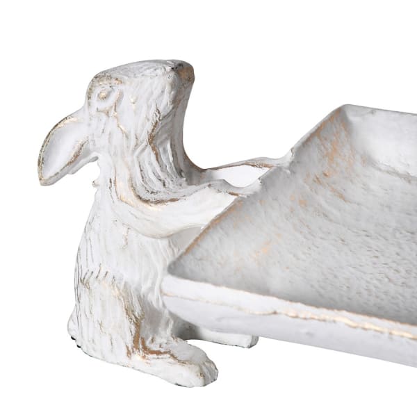 Vintage White Aluminium Serving Tray – Rabbit Figurine Base & Distressed Finish