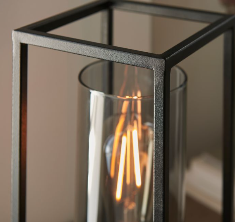 Industrial Black & Bronze Table Lamp – Steel Frame & Glass Cylinder Shade -29cm
