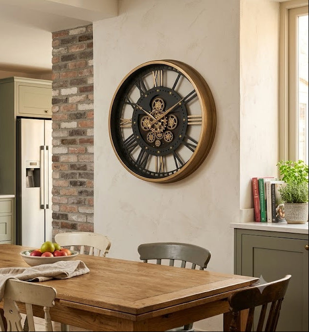 Industrial Black & Gold Wall Clock with Moving Gears – 60cm