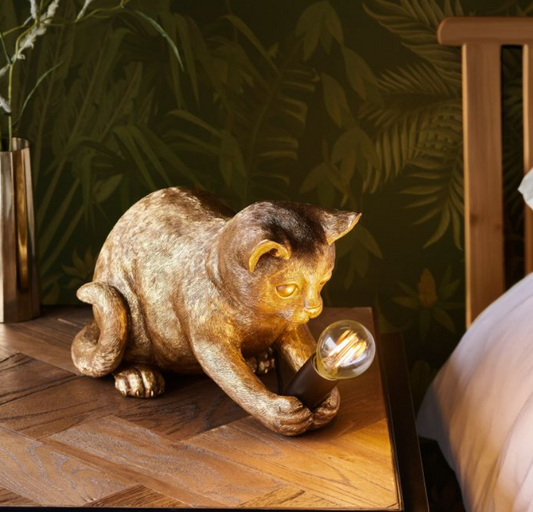 Charming Vintage Gold Cat Lamp – Playful Design with Matte Black Accents - 