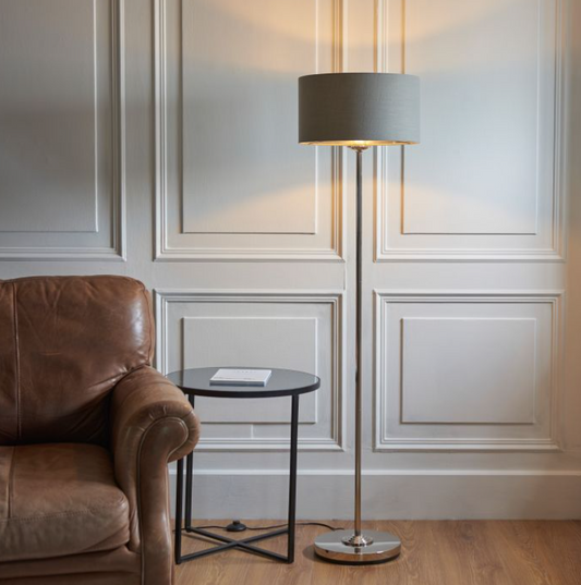 Modern Bright Nickel Floor Lamp – Steel Frame & Fabric Shade - Decor Interiors