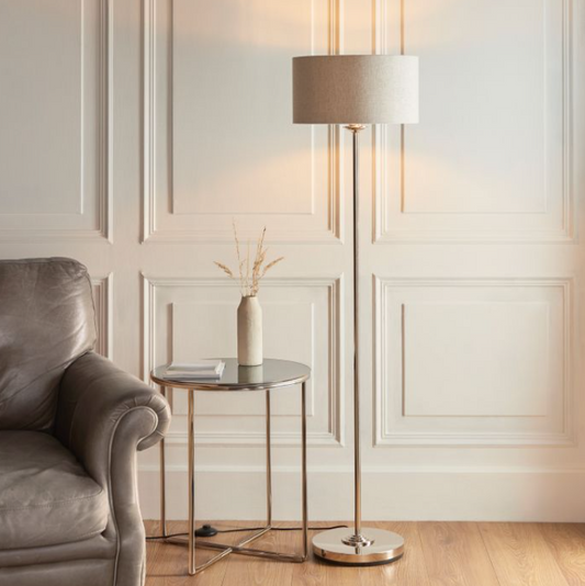 Modern Brushed Chrome Floor Lamp – Sleek Steel Frame & Fabric Shade - Decor Interiors