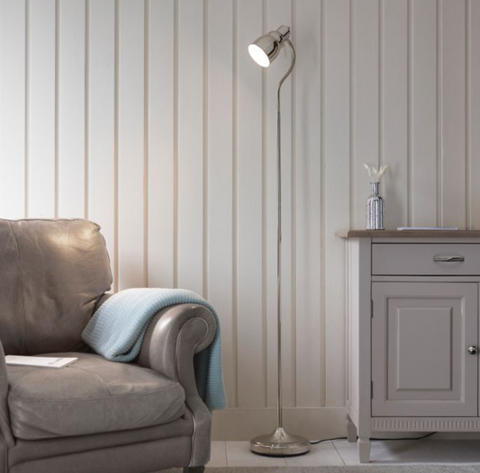 Sleek Bright Nickel Floor Lamp – Adjustable Steel Reading Light - Decor Interiors