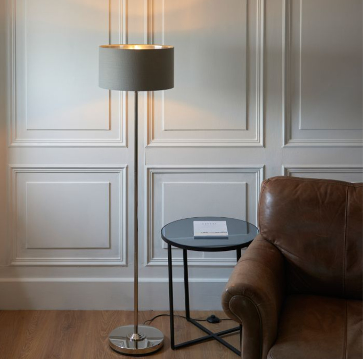 Contemporary Nickel Floor Lamp With Grey Fabric Shade