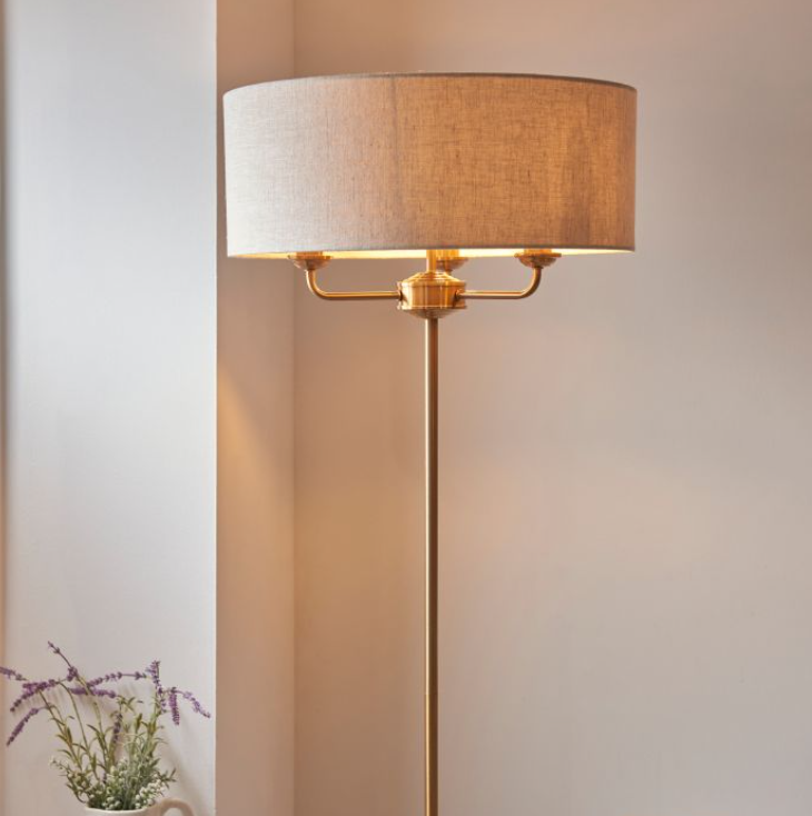 Contemporary 3 Light Brass Floor Lamp With Beige Fabric Shade
