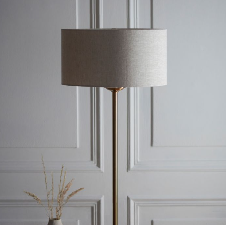Contemporary Vintage Brass Floor Lamp With Natural Fabric Shade