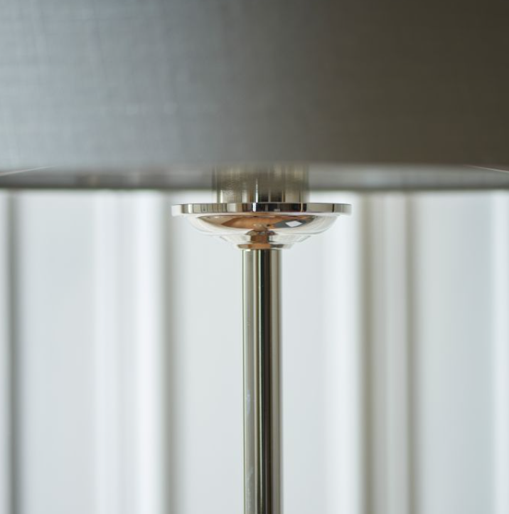 Contemporary Nickel Floor Lamp With Grey Fabric Shade