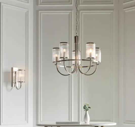 Elegant Bright Nickel Glass Chandelier – Modern Steel Frame & 5 Light Design - Your Home Interiors