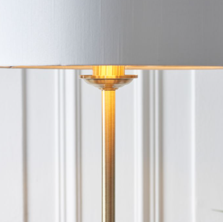 Contemporary Brass Floor Lamp With Light Grey Fabric Shade