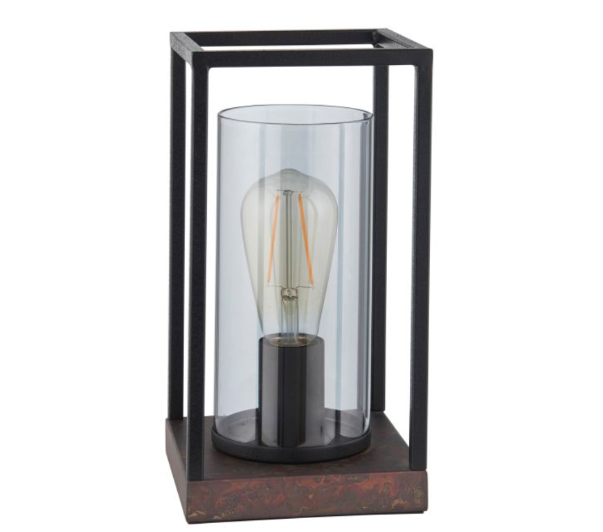 Industrial Black & Bronze Table Lamp – Steel Frame & Glass Cylinder Shade -29cm
