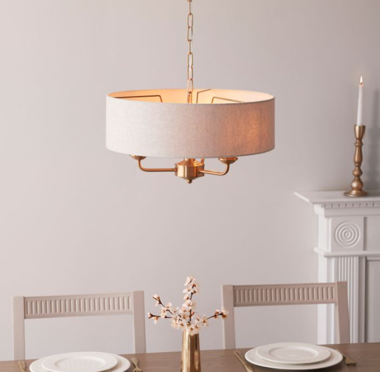 Classic Vintage Brass Pendant Light – Fabric Shade & Steel Frame
