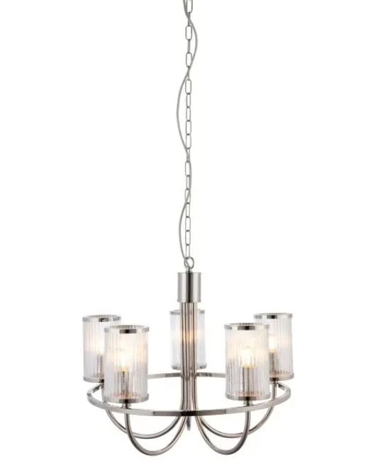 Elegant Bright Nickel Glass Chandelier – Modern Steel Frame & 5 Light Design