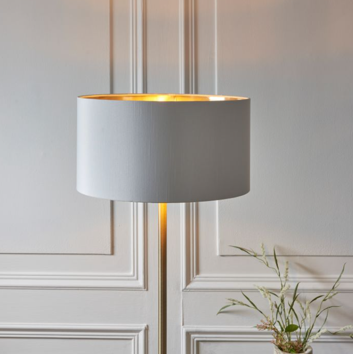 Contemporary Brass Floor Lamp With Light Grey Fabric Shade