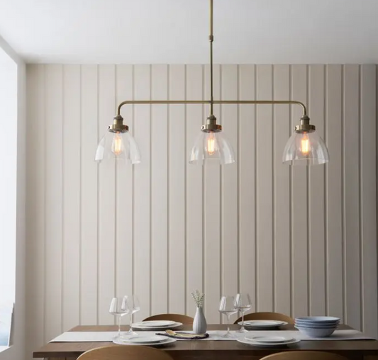 Vintage Antique Brass & Clear Glass Pendant Light – 3 Light Linear Fixture - Your Home Interiors