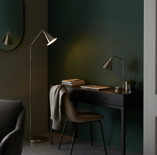 Modern Bright Nickel Steel Floor Lamp – Adjustable Arm & Sleek Design - Decor Interiors