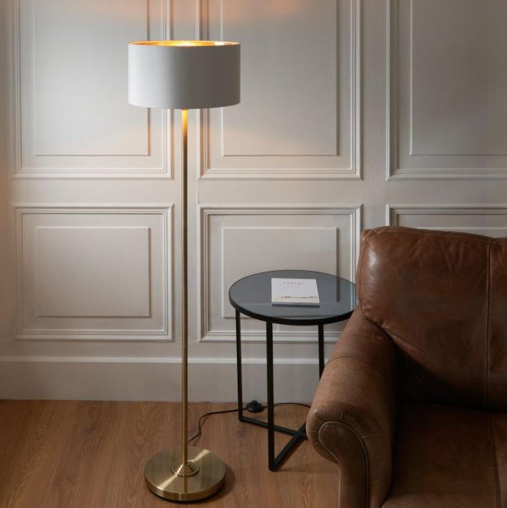 Sleek Antique Brass Floor Lamp – Steel Frame & Fabric Shade - Decor Interiors