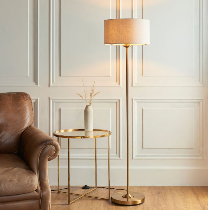 Contemporary Vintage Brass Floor Lamp With Natural Fabric Shade