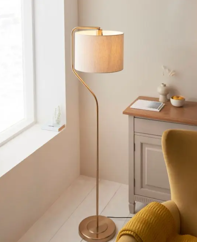 Elegant Brushed Brass Floor Lamp with Natural Fabric Shade