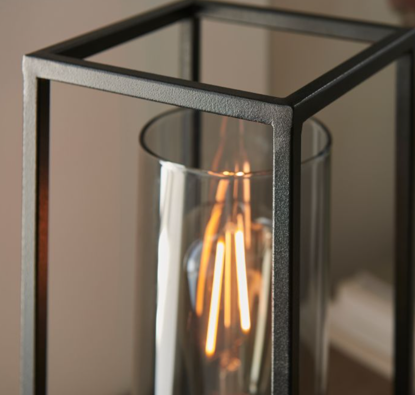 Industrial Black & Bronze Table Lamp – Steel Frame & Glass Cylinder Shade -29cm