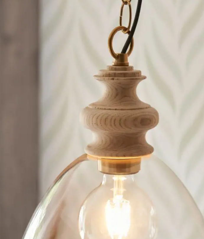 Rustic Natural Ash Pendant Light – Glass Shade & Steel Chain Suspension
