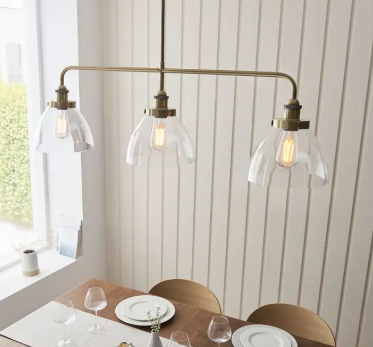 Vintage Antique Brass & Clear Glass Pendant Light – 3 Light Linear Fixture