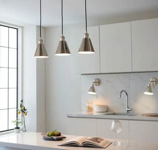 Modern Bright Nickel Pendant Light – 3-Light Stainless Steel & Adjustable Cables