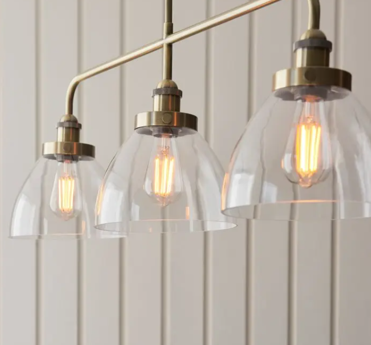 Vintage Antique Brass & Clear Glass Pendant Light – 3 Light Linear Fixture