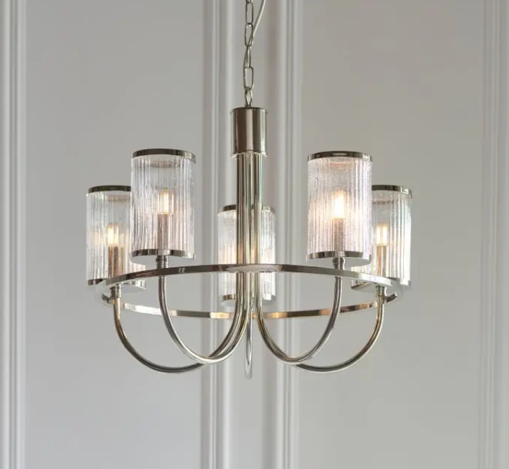 Elegant Bright Nickel Glass Chandelier – Modern Steel Frame & 5 Light Design