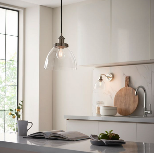 Modern Bright Nickel & Clear Glass Pendant Light – Sleek Dome Shade - Your Home Interiors