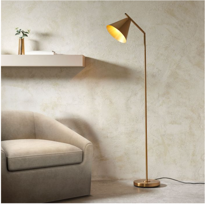 Modern Antique Brass Floor Lamp – Sleek Steel Frame with Cone Shade  