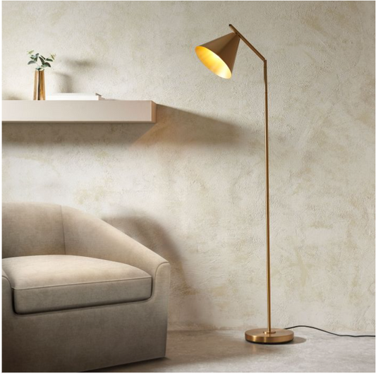 Modern Antique Brass Floor Lamp – Sleek Steel Frame with Cone Shade  