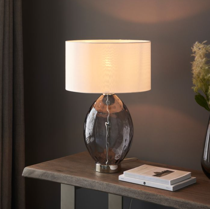 Contemporary Smoked Glass Table Lamp with Neutral Shade - 53 cm