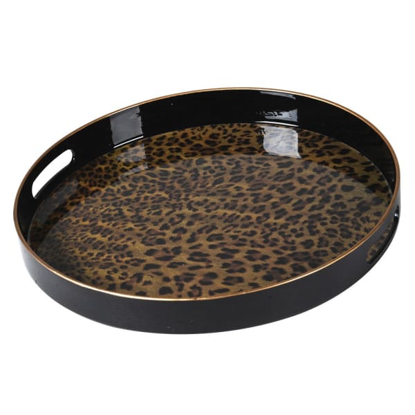 Chic Leopard Print Round Plastic Serving Tray – Black Frame & Gold Accents - Your Home Interiors -  House & Home