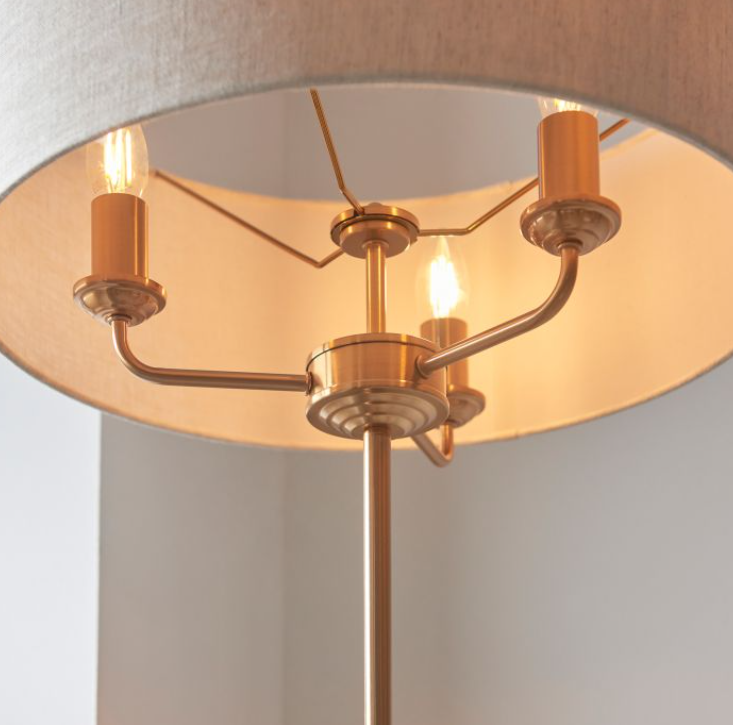 Contemporary 3 Light Brass Floor Lamp With Beige Fabric Shade