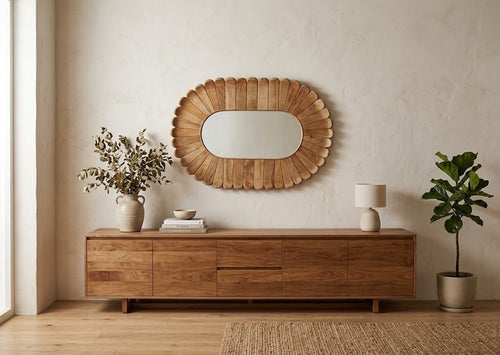 Hand-Carved Floral Solid Wood Oval Mirror