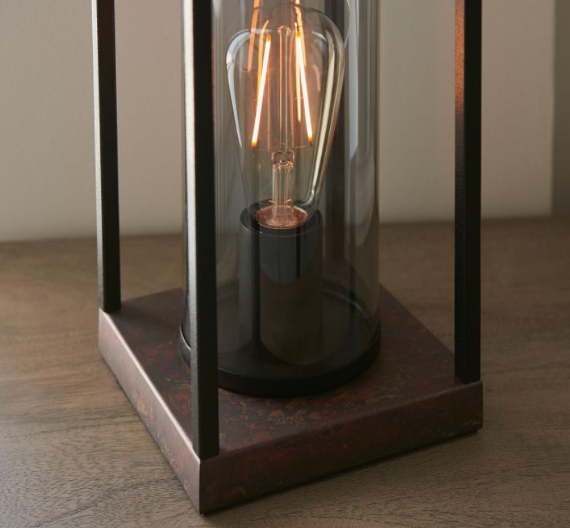 Industrial Black & Bronze Table Lamp – Steel Frame & Glass Cylinder Shade -29cm