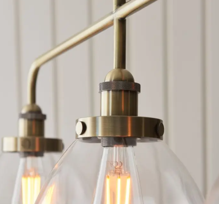 Vintage Antique Brass & Clear Glass Pendant Light – 3 Light Linear Fixture