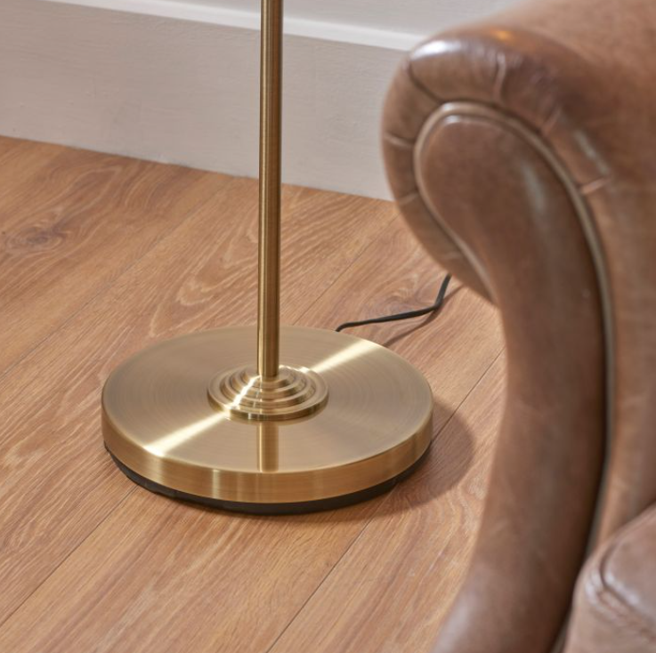 Contemporary Brass Floor Lamp With Light Grey Fabric Shade