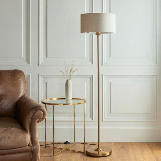 Elegant Vintage Brass Floor Lamp – Steel Frame & Fabric Shade - Decor Interiors