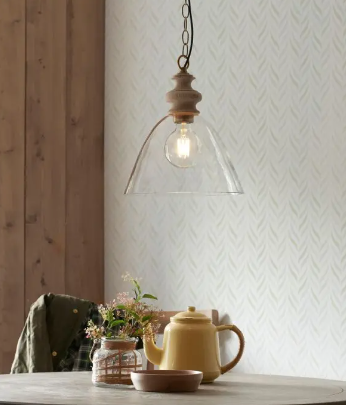 Rustic Natural Ash Pendant Light – Glass Shade & Steel Chain Suspension - Your Home Interiors