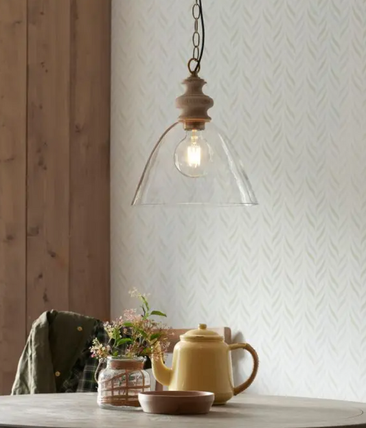 Rustic Natural Ash Pendant Light – Glass Shade & Steel Chain Suspension - Your Home Interiors